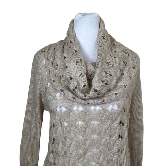 Nine West Sz M Tan Open Cable-knit Cowl Neck Sweater With Bell Sleeves Fairy - Picture 3 of 16